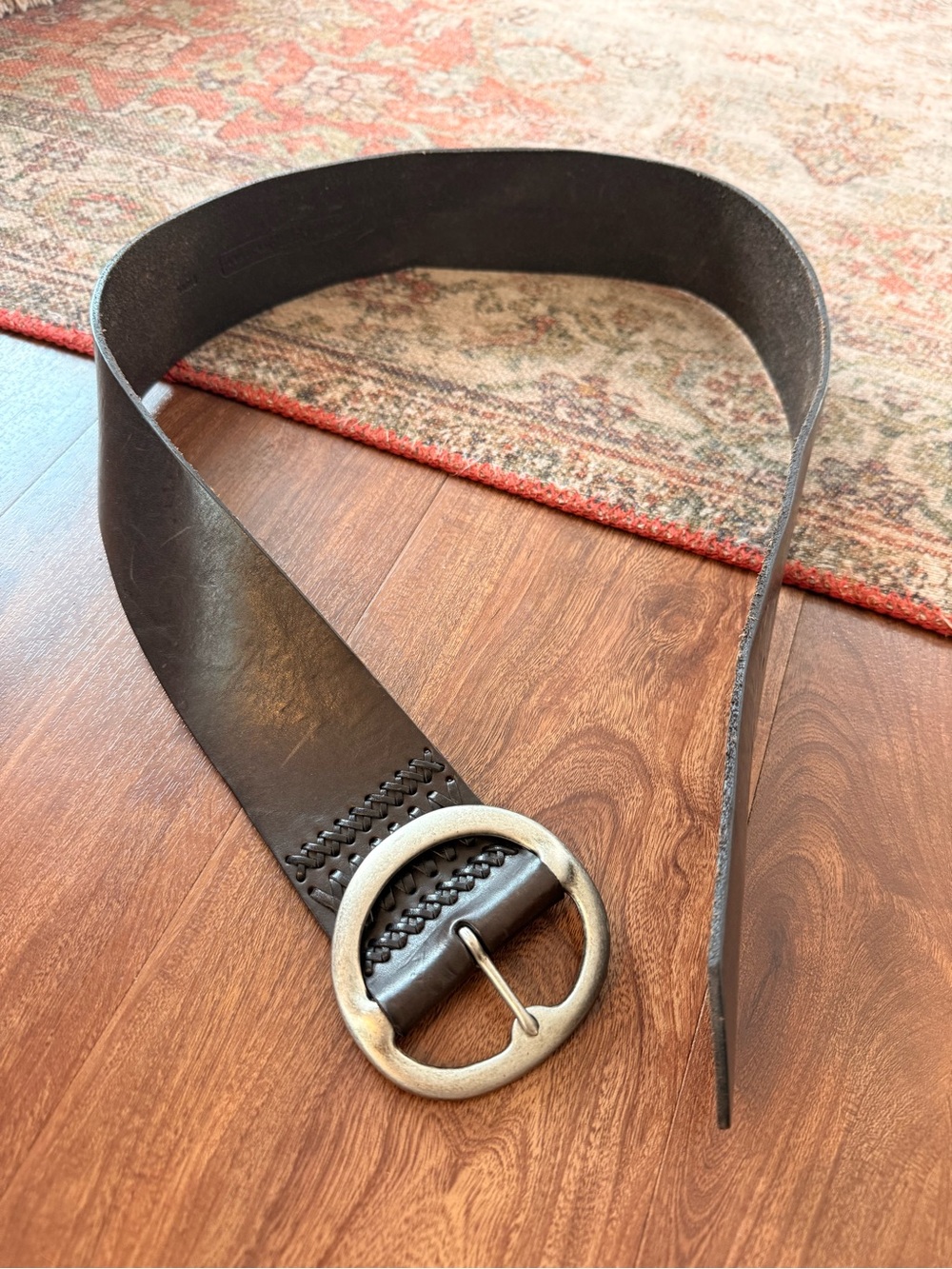 Fossil Wide Dark Brown Leather Belt with Round Silver Buckle